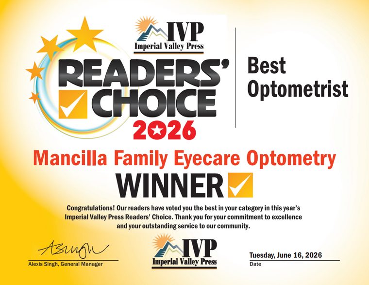 Imperial Valley Press Readers' Choice 2026 certificate: Best Optometrist, Mancilla Family Eyecare Optometry, Winner